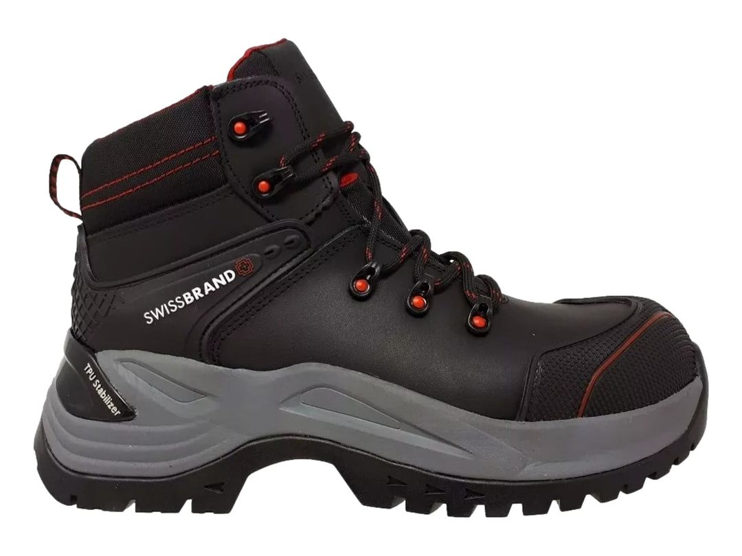 Bota industrial Swissbrand color negro con suela gris y detalles en rojo.
