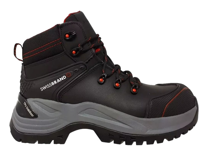 Bota industrial Swissbrand color negro con suela gris y detalles en rojo.