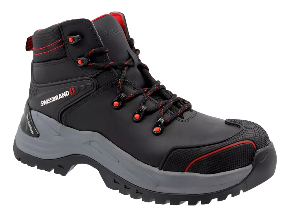 Bota industrial Swissbrand color negro con suela gris y detalles en rojo.
