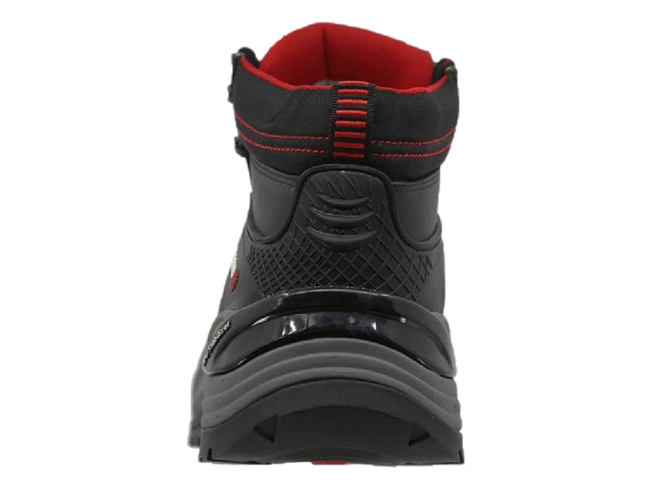 Bota industrial Swissbrand color negro con suela gris y detalles en rojo.