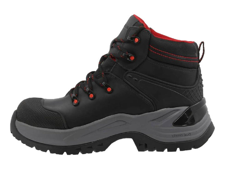 Bota industrial Swissbrand color negro con suela gris y detalles en rojo.