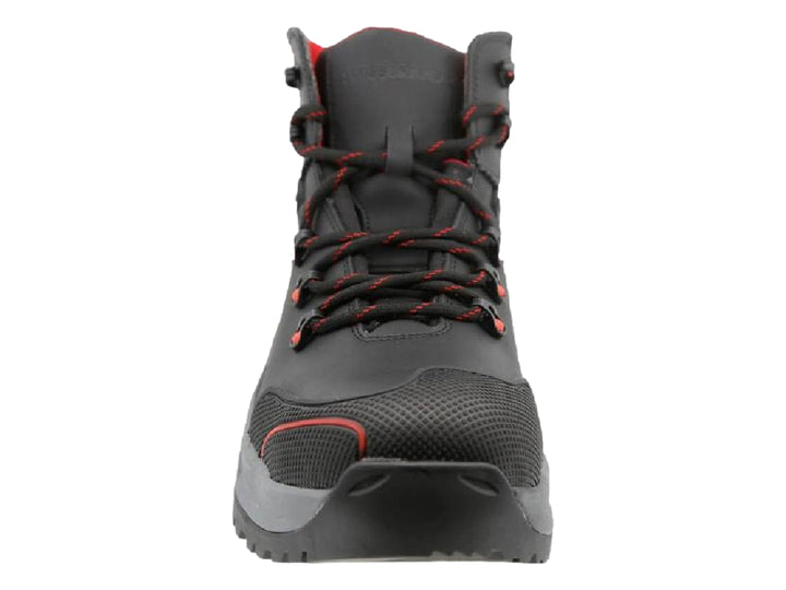 Bota industrial Swissbrand color negro con suela gris y detalles en rojo.