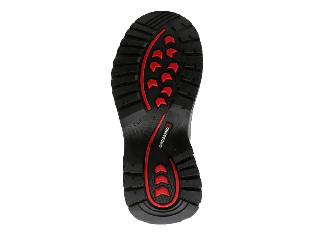 Bota industrial Swissbrand color negro con suela gris y detalles en rojo.