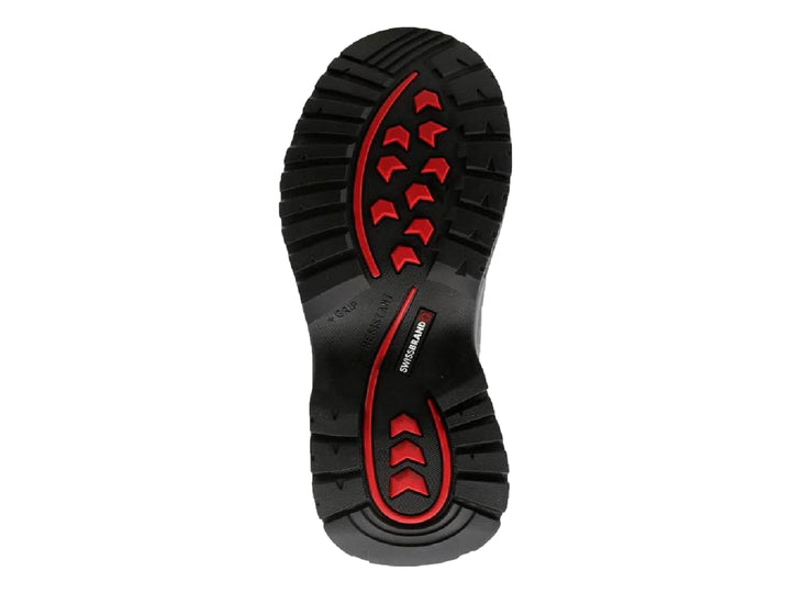 Bota industrial Swissbrand color negro con suela gris y detalles en rojo.
