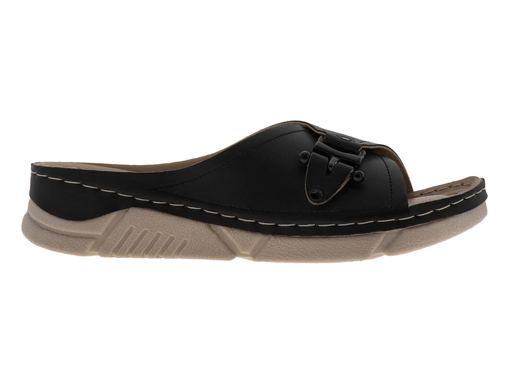 Sandalias negras para mujer con suela beige y costuras blancas decorativas.