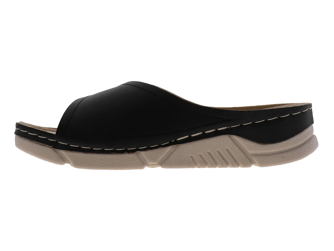 Sandalias negras para mujer con suela beige y costuras blancas decorativas.