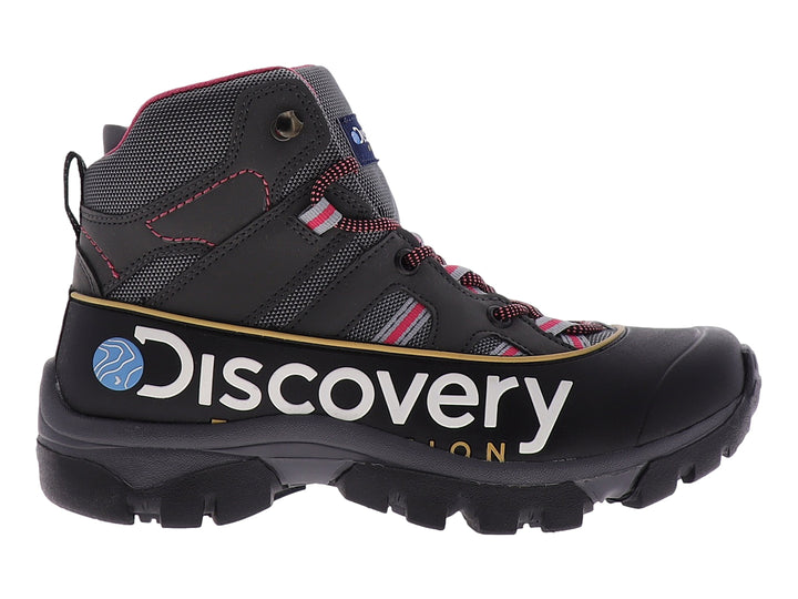 Bota de excursionismo Discovery en color gris y negro con detalles en rosa y suela resistente.