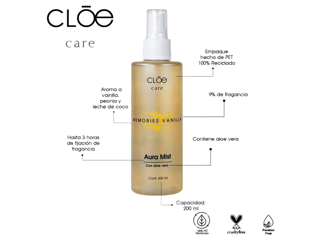 Botella cilíndrica transparente de Aura Mist Memories Vanilla de CLOE con atomizador blanco y contenido amarillo claro.