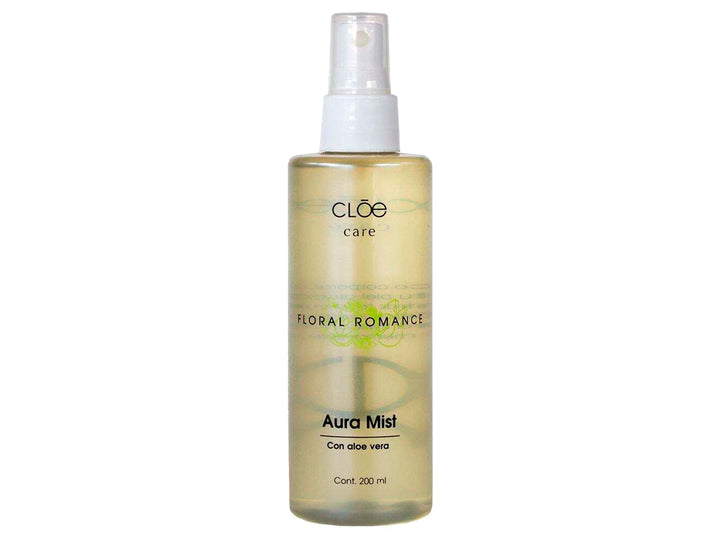Botella transparente de Aura Mist Floral Romance de CLOE con atomizador blanco y contenido amarillo claro.