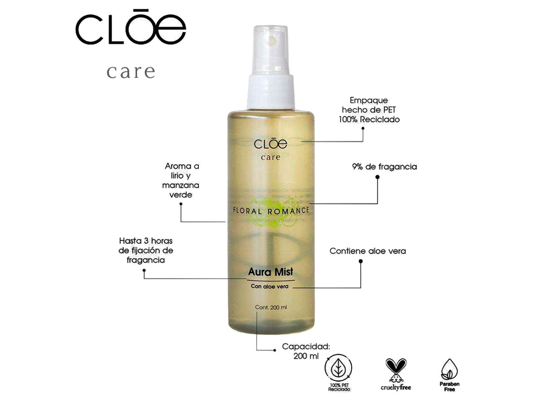Botella transparente de Aura Mist Floral Romance de CLOE con atomizador blanco y contenido amarillo claro.