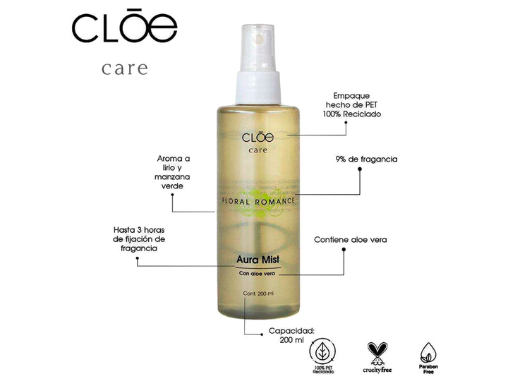 Botella transparente de Aura Mist Floral Romance de CLOE con atomizador blanco y contenido amarillo claro.