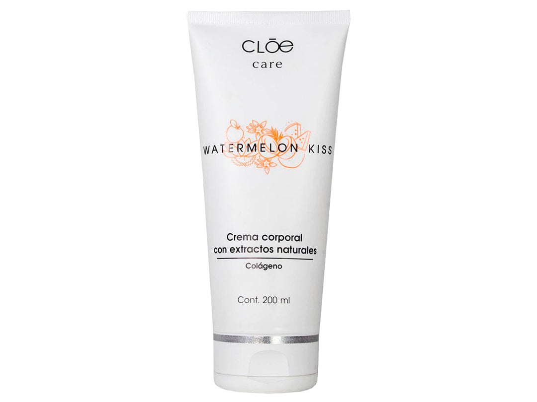 Tubo blanco de crema corporal CLOE Care Watermelon Kiss de 200 ml con detalles en color naranja.