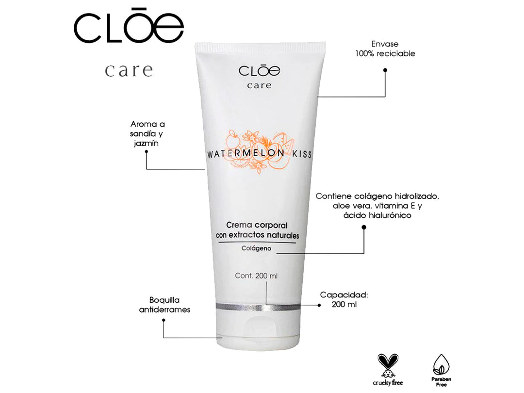 Tubo blanco de crema corporal CLOE Care Watermelon Kiss de 200 ml con detalles en color naranja.