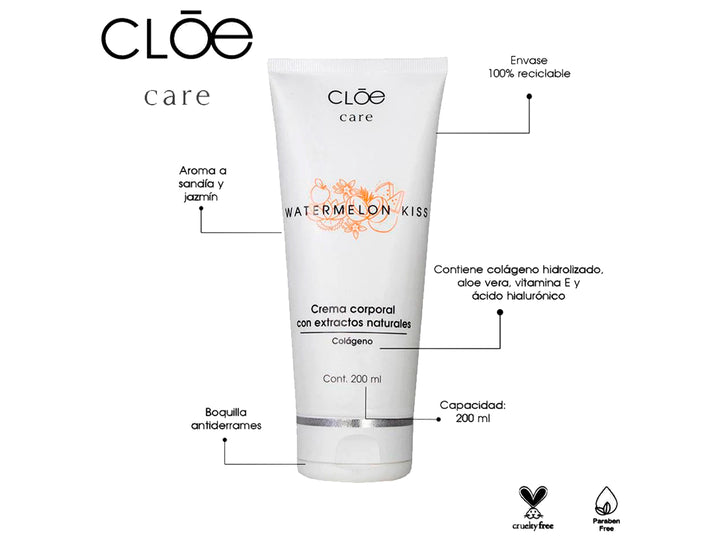 Tubo blanco de crema corporal CLOE Care Watermelon Kiss de 200 ml con detalles en color naranja.