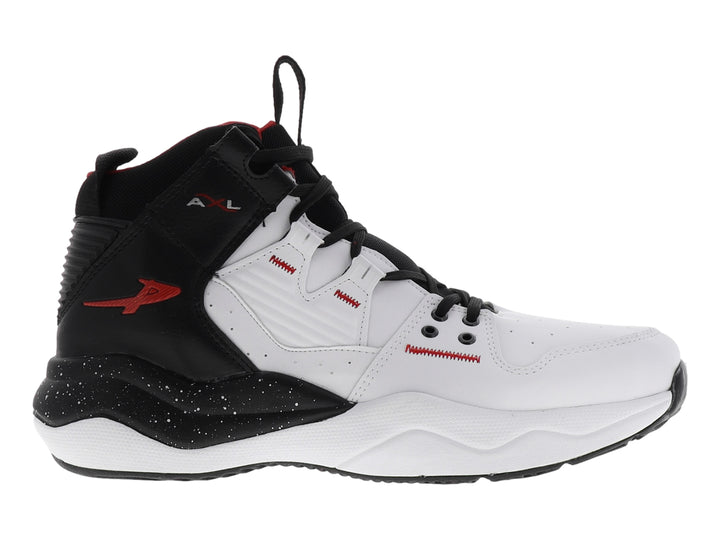 Tenis de baloncesto Pontiac AXL en colores blanco y negro con detalles en rojo, diseño de bota alta.