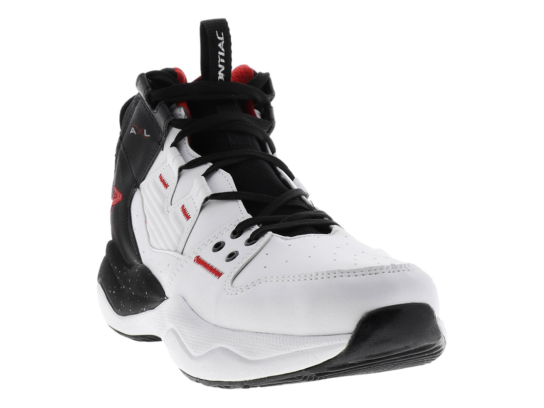 Tenis de baloncesto Pontiac AXL en colores blanco y negro con detalles en rojo, diseño de bota alta.