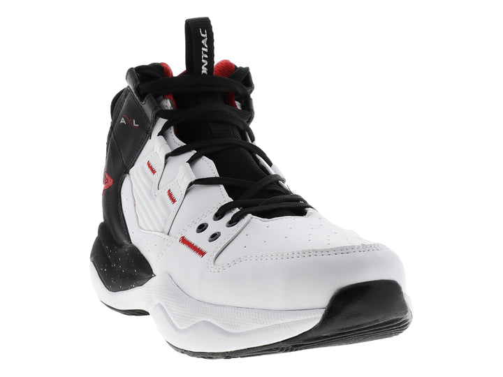Tenis de baloncesto Pontiac AXL en colores blanco y negro con detalles en rojo, diseño de bota alta.