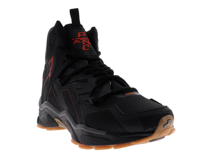 Tenis de baloncesto PONTIAC AXL color negro con suela y detalles en naranja.