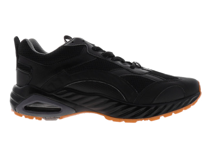 Tenis de baloncesto Pontiac AXL color negro con detalles en la suela color naranja y cámara de aire visible.