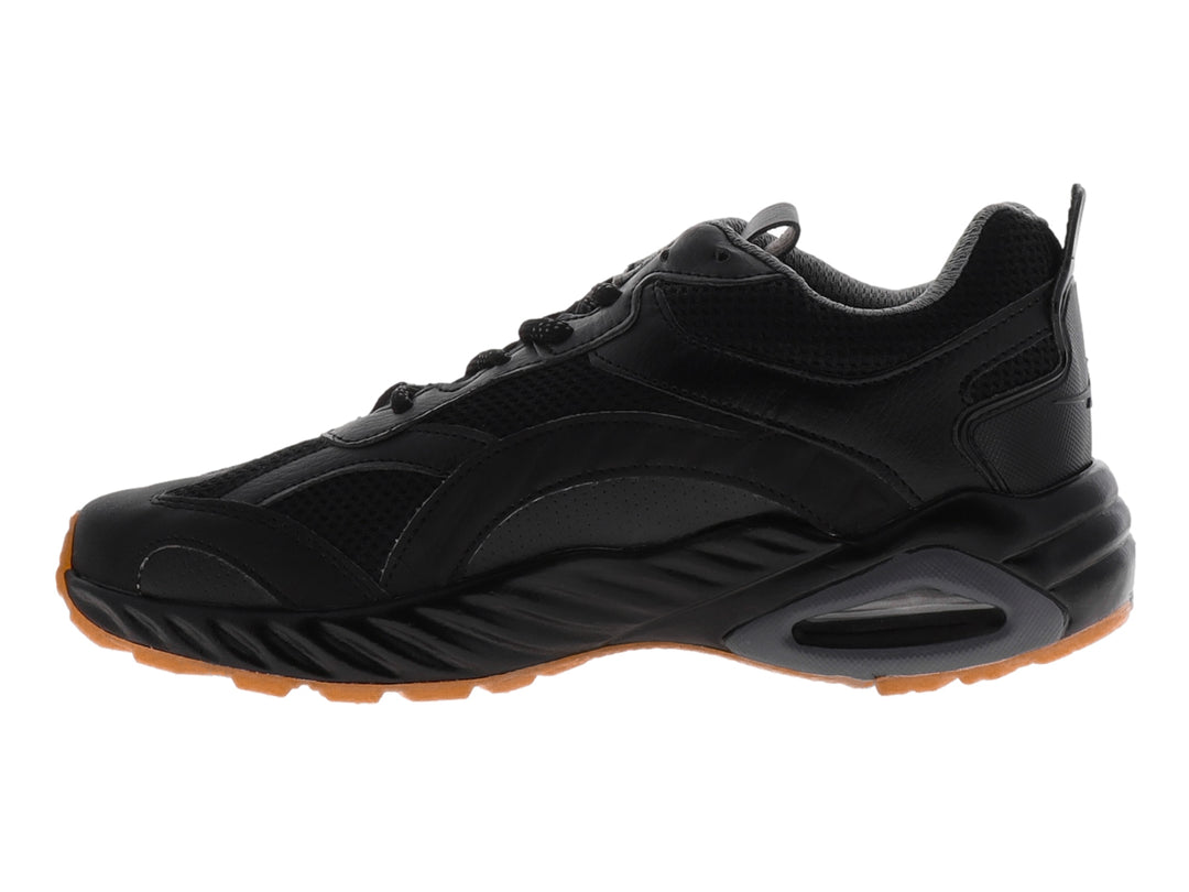 Tenis de baloncesto Pontiac AXL color negro con detalles en la suela color naranja y cámara de aire visible.
