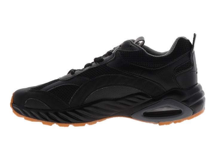Tenis de baloncesto Pontiac AXL color negro con detalles en la suela color naranja y cámara de aire visible.