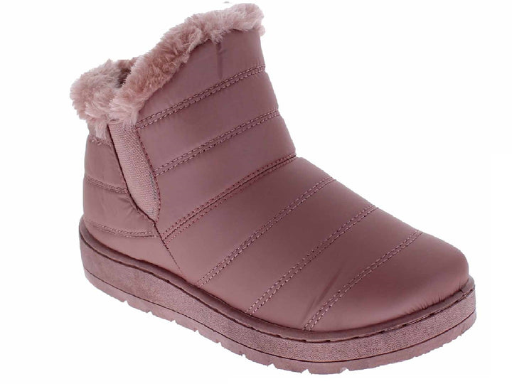Par de botas para nieve color rosa con forro de peluche en la parte superior.