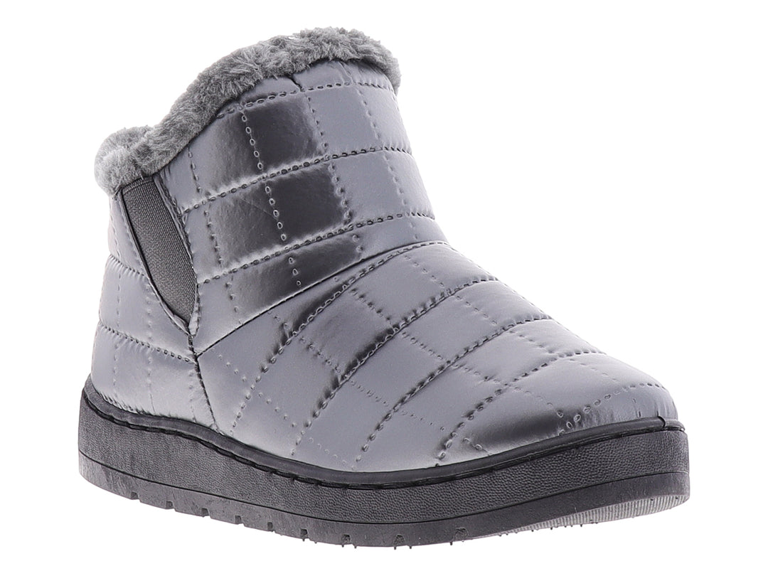 Botas para nieve color gris peltre con acabado acolchado, forro de piel sintética y suela negra.