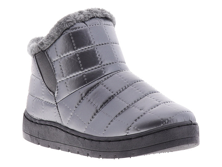 Botas para nieve color gris peltre con acabado acolchado, forro de piel sintética y suela negra.