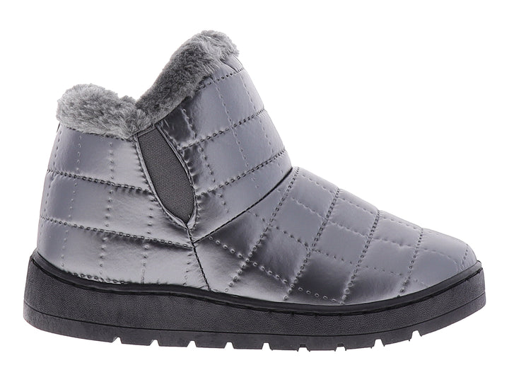 Botas para nieve color gris peltre con acabado acolchado, forro de piel sintética y suela negra.