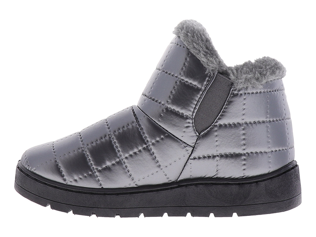 Botas para nieve color gris peltre con acabado acolchado, forro de piel sintética y suela negra.