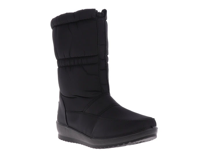 Botas para nieve color negro para mujer, con diseño acolchado y suela gruesa.
