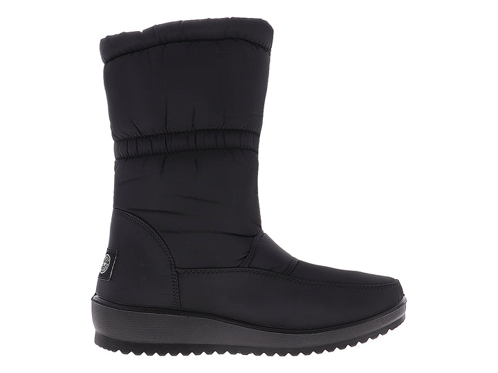 Botas para nieve color negro para mujer, con diseño acolchado y suela gruesa.