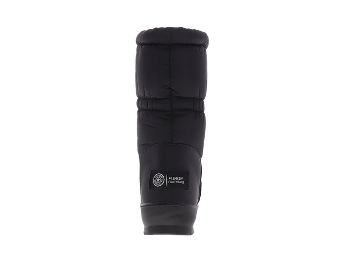 Botas para nieve color negro para mujer, con diseño acolchado y suela gruesa.