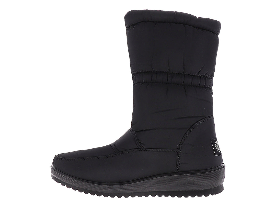 Botas para nieve color negro para mujer, con diseño acolchado y suela gruesa.