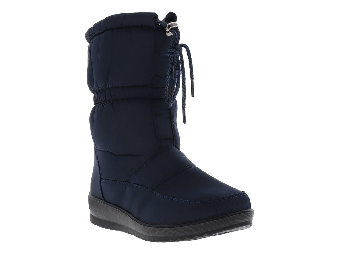 Bota de invierno acolchada color azul marino con suela negra y ajuste de cordones.