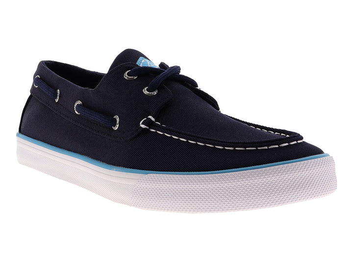 Zapato náutico Sperry de color azul marino con suela blanca y un detalle en azul claro.