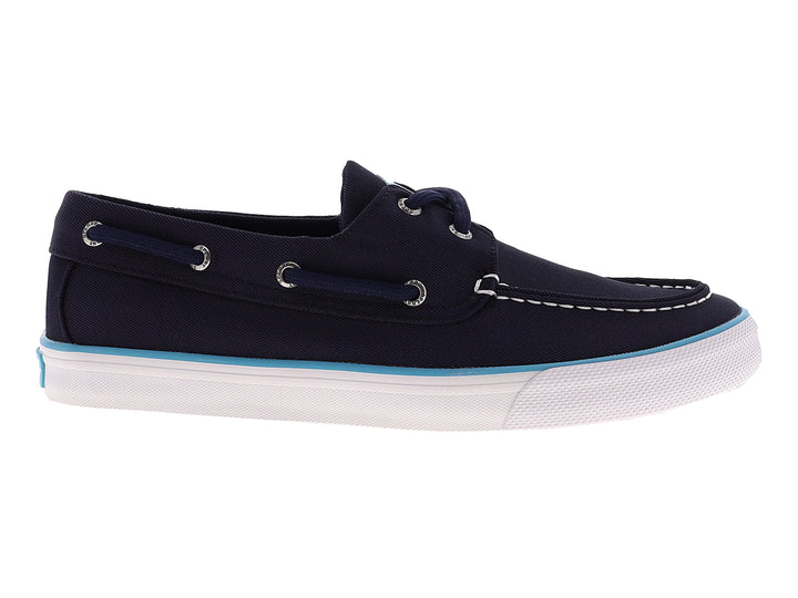 Zapato náutico Sperry de color azul marino con suela blanca y un detalle en azul claro.