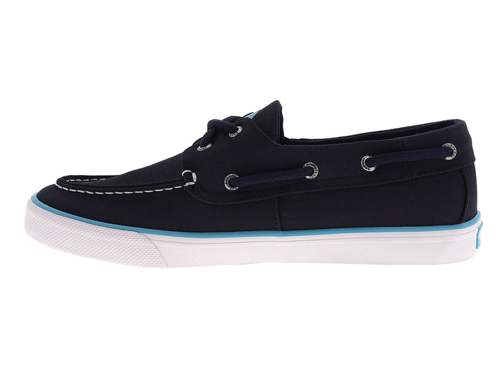 Zapato náutico Sperry de color azul marino con suela blanca y un detalle en azul claro.
