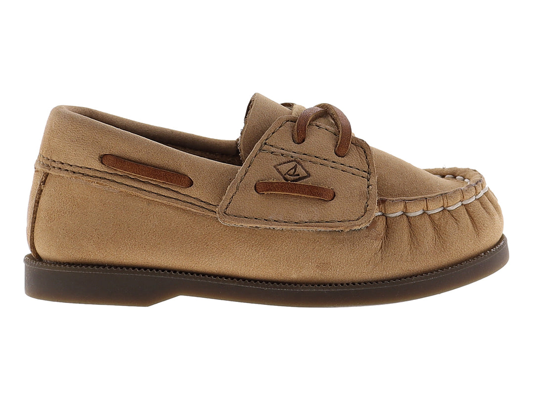 Zapato tipo mocasín para bebé de color café Sahara con cordones y suela marrón.