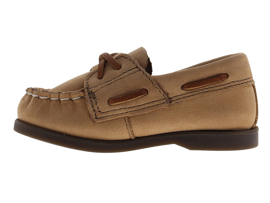 Zapato tipo mocasín para bebé de color café Sahara con cordones y suela marrón.