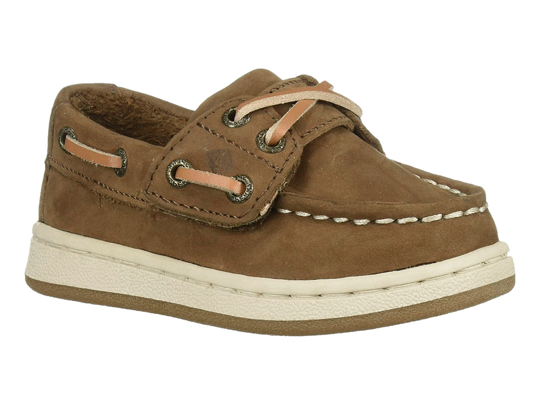 Zapato náutico infantil de color marrón con suela blanca y cordones en tono beige.