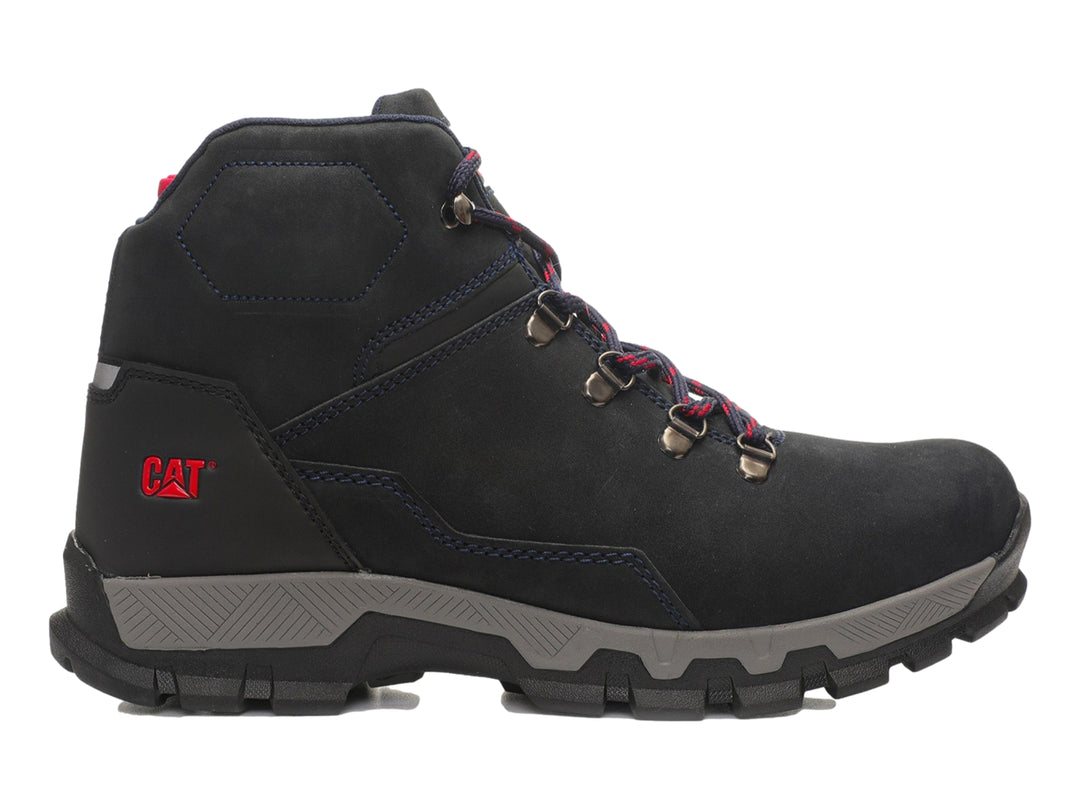 Bota deportiva Caterpillar color azul marino con suela gris y detalles en rojo.