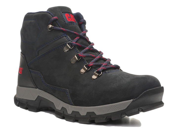 Bota deportiva Caterpillar color azul marino con suela gris y detalles en rojo.