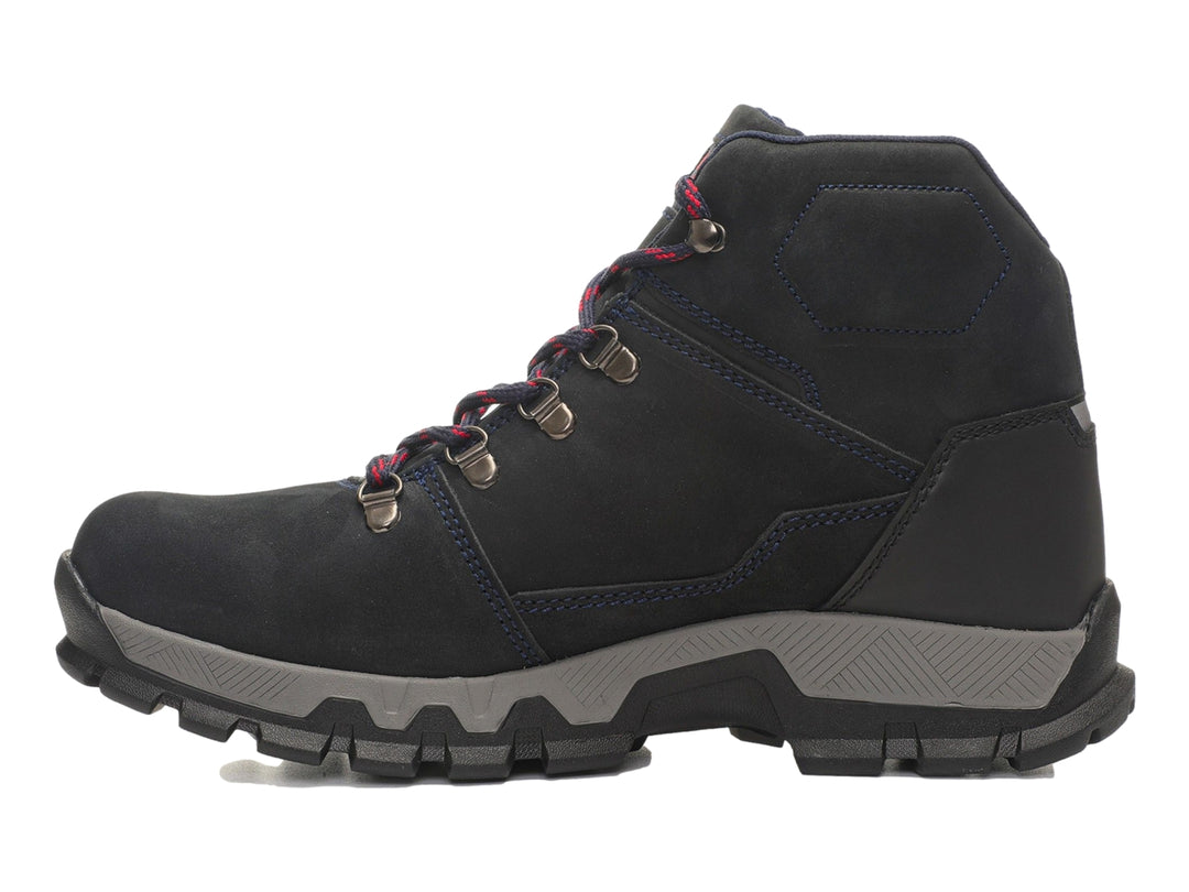 Bota deportiva Caterpillar color azul marino con suela gris y detalles en rojo.