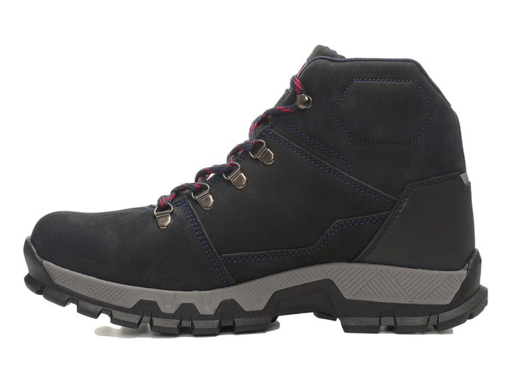 Bota deportiva Caterpillar color azul marino con suela gris y detalles en rojo.