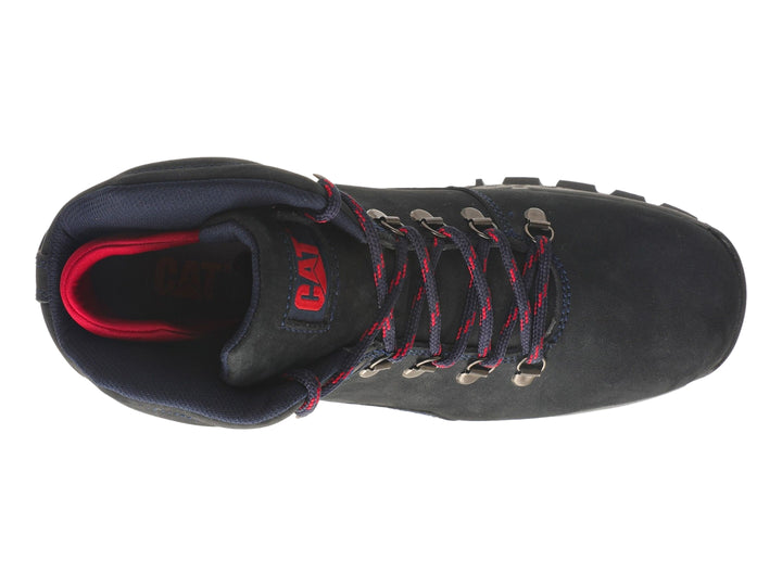 Bota deportiva Caterpillar color azul marino con suela gris y detalles en rojo.