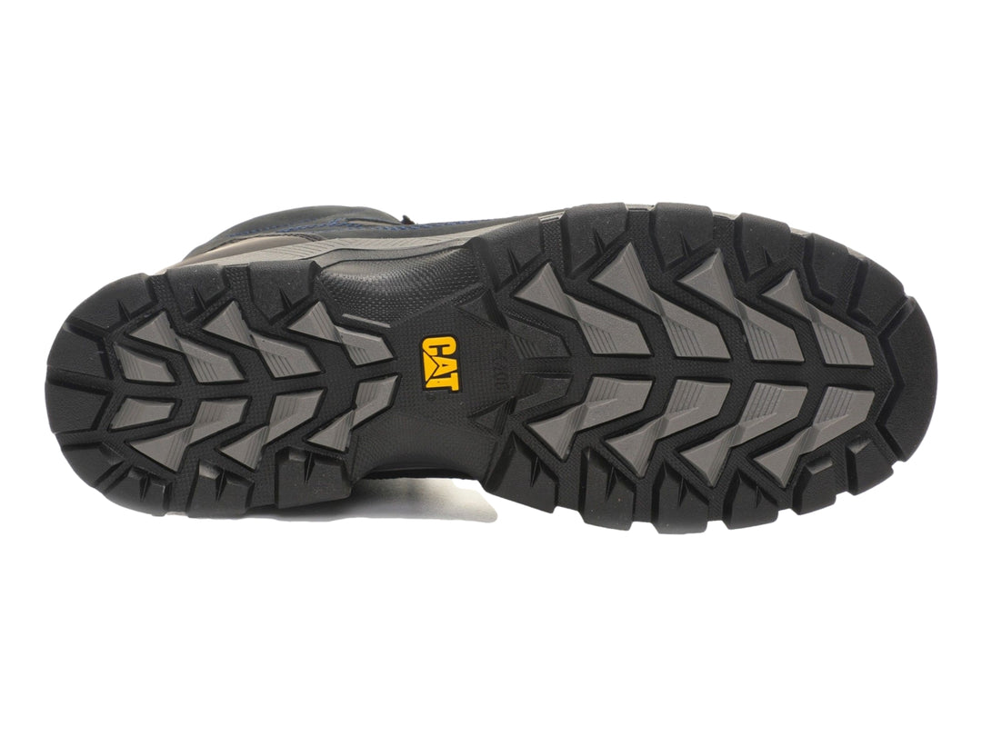 Bota deportiva Caterpillar color azul marino con suela gris y detalles en rojo.