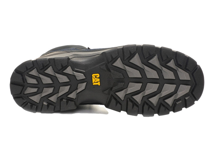 Bota deportiva Caterpillar color azul marino con suela gris y detalles en rojo.