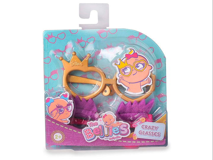 Lentes de juguete dorados con corona integrada en el empaque de The Bellies Crazy Glasses.