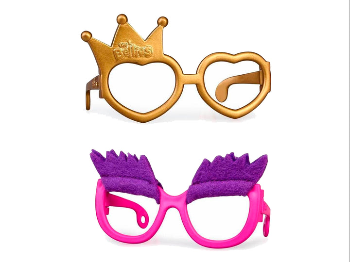 Lentes de juguete dorados con corona integrada en el empaque de The Bellies Crazy Glasses.